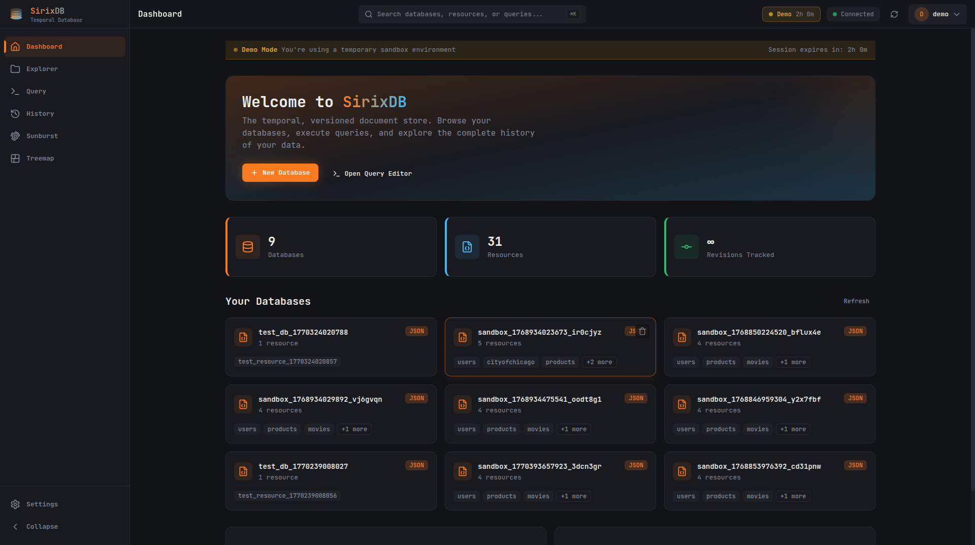SirixDB Web GUI Dashboard