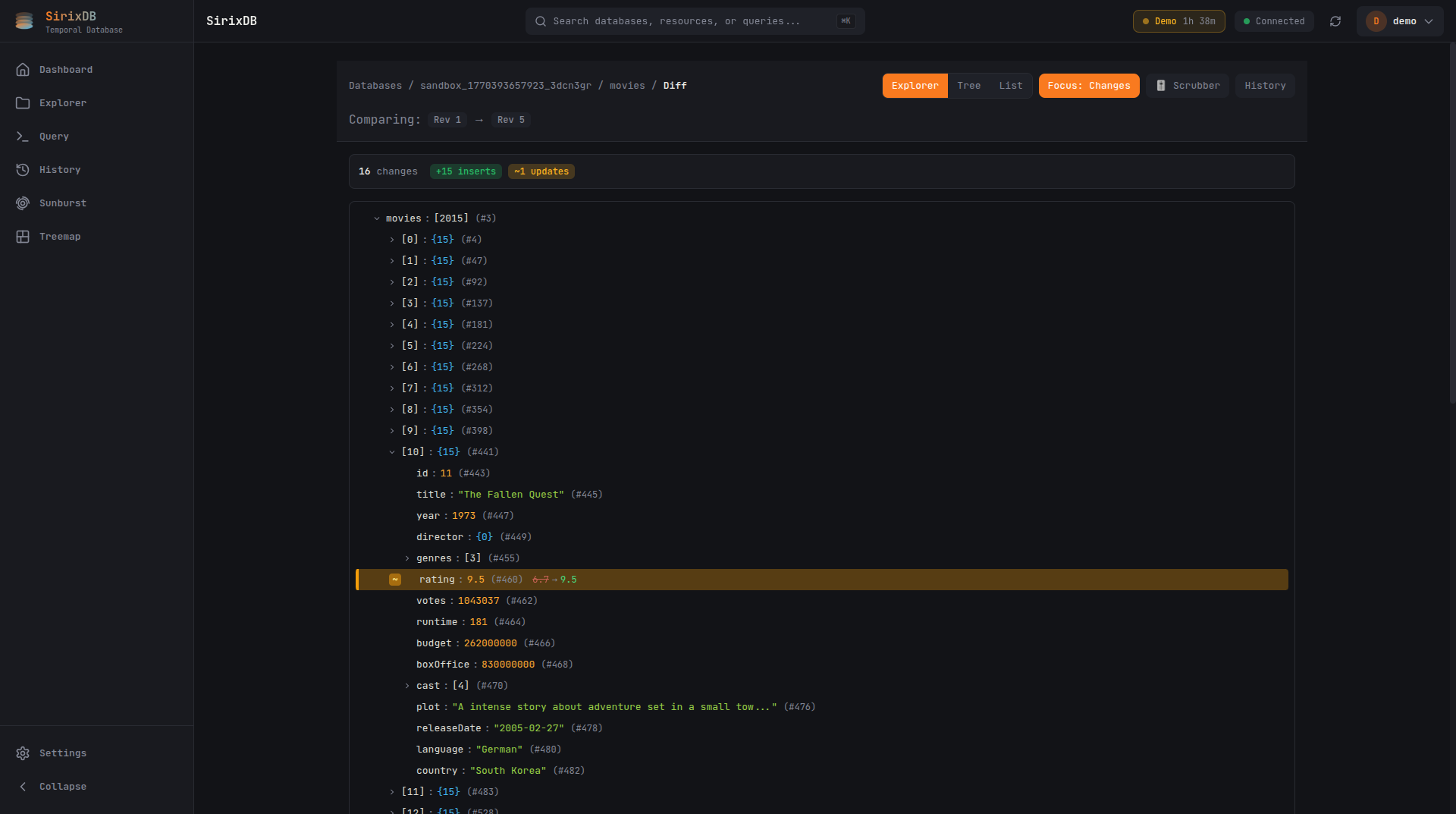 SirixDB Web GUI Diff View comparing revisions